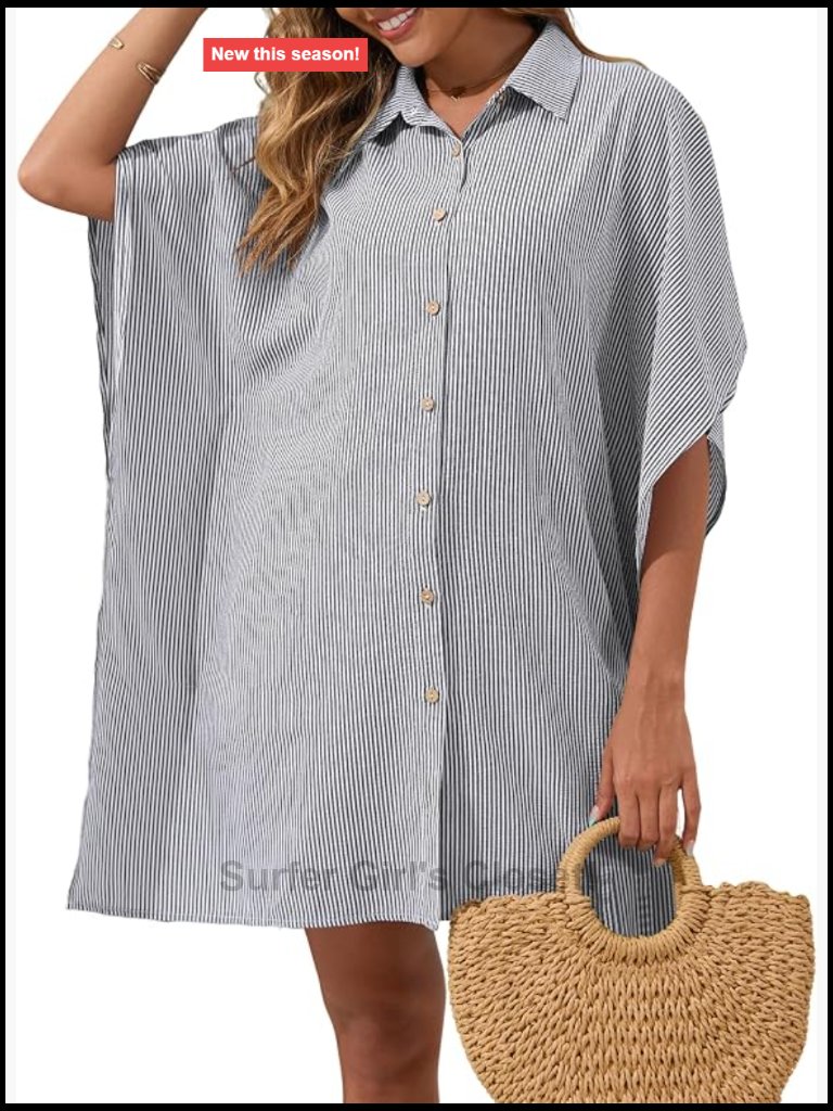 3/4 Sleeve Button Down Oversized Beach Coverup Shirt